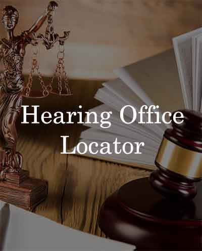 Lawyer's desk with information about hearing office locator.